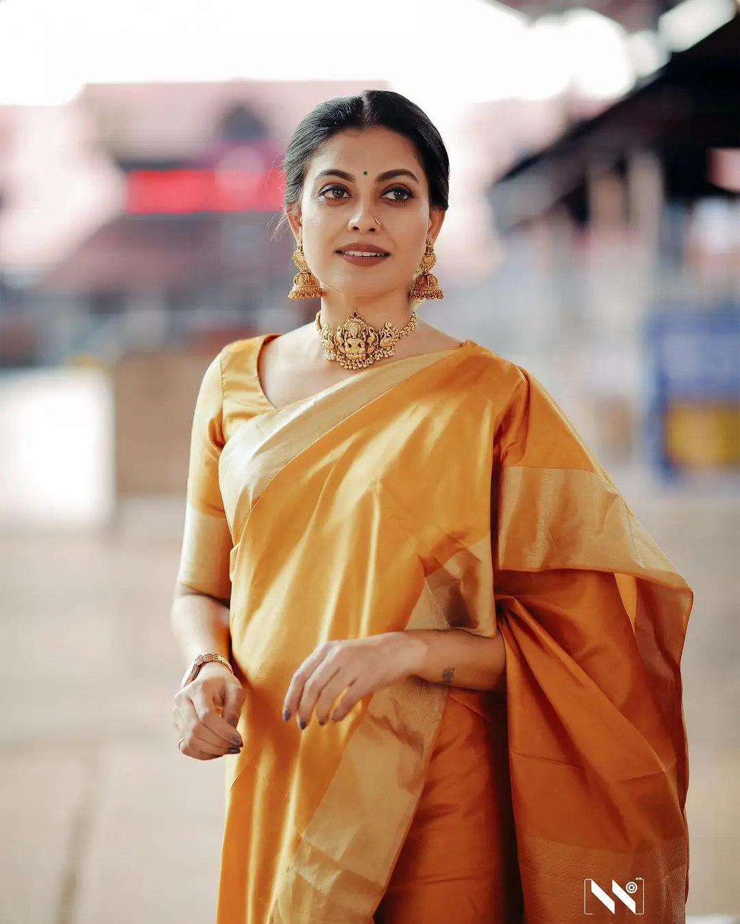 Malayalam Actress Anusree Nair in Orange Saree Blouse